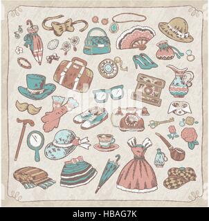 retro colorful hand drawn style fashion elements collection set Stock Vector
