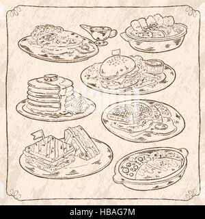 retro hand drawn style delicious dishes collection set Stock Vector