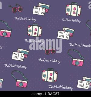 lovely holiday hand drawn travel essentials such as luggage and postcards Stock Vector