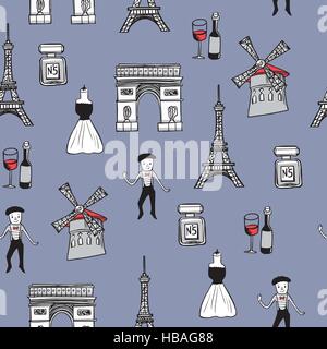 lovely hand drawn travel concept background with landmarks and popular things in France Stock Vector