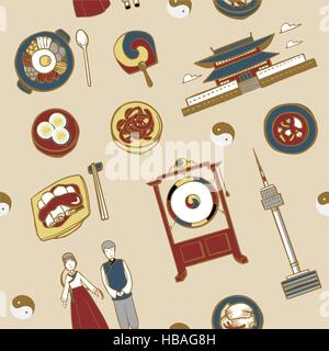 lovely hand drawn travel concept background with landmarks and popular things in Korea Stock Vector