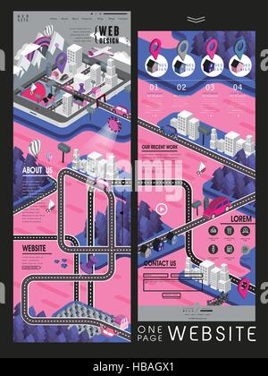 attractive city scene one page website design template in 3d isometric style Stock Vector