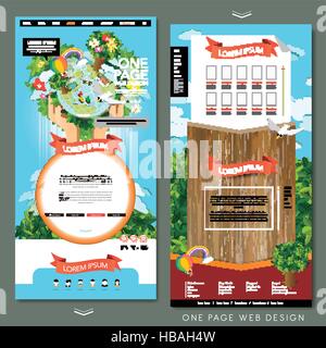 eco concept one page website template design with a hand holding earth Stock Vector
