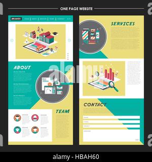 lovely one page website template design in turquoise and yellow Stock Vector