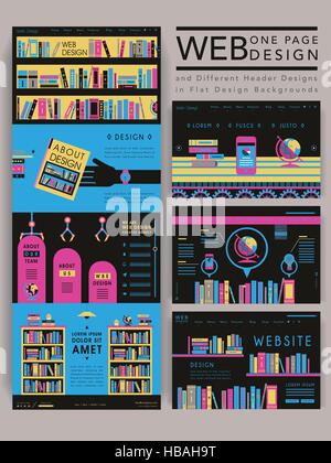 colorful modern one page website template design with library scene Stock Vector