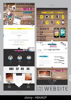 creative one page website design template with workplace scene Stock Vector