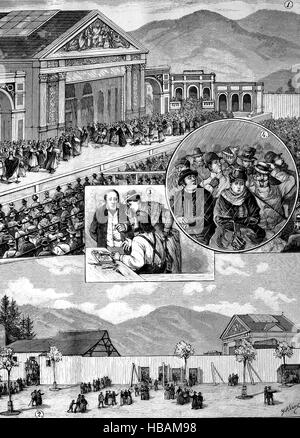 Oberammergau Passion Play is a passion play performed since 1634 as a tradition by the inhabitants of the village of Oberammergau, Bavaria, Germany, hictorical illustration from 1880 Stock Photo