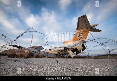Abandoned and destroyed  Cyprus airways aircraft at Nicosia airport in the buffer zone in Cyprus Stock Photo
