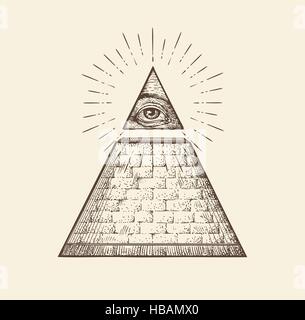 All seeing eye pyramid symbol. New World Order. Hand drawn sketch vector Stock Vector