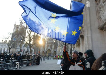 A man waves a flag outside the Supreme Court in London, where the Government is appealing against a ruling that the Prime Minister must seek MPs' approval to trigger the process of taking Britain out of the European Union. Stock Photo