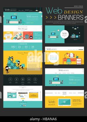 flat style one page website template design with workplace concept Stock Vector