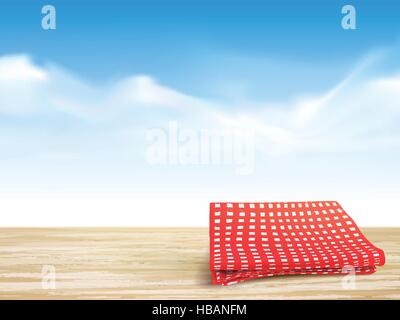 closeup look of wooden desk and tablecloth over blue sky Stock Vector