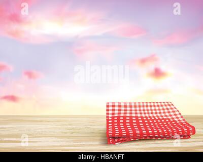 closeup look of wooden desk and tablecloth over sky Stock Vector