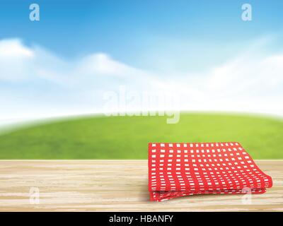 closeup look of wooden desk and tablecloth over blue sky Stock Vector