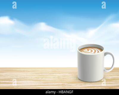 closeup look of wooden desk and coffee over blue sky Stock Vector