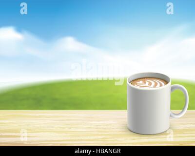 closeup look of wooden desk and coffee over blue sky Stock Vector