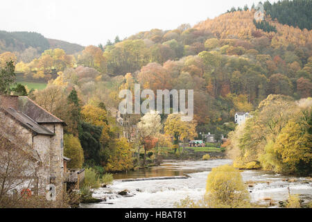 Autumn view of River Dee, Llangollen, North Wales Stock Photo