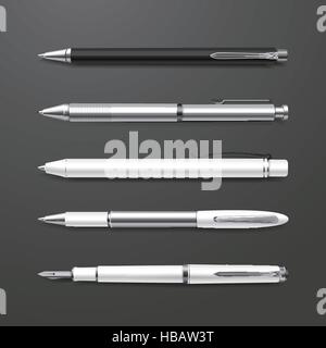 graceful white pens set isolated on black background Stock Vector