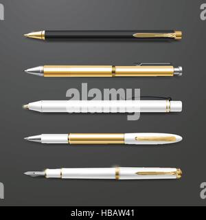 graceful gold pens set isolated on black background Stock Vector