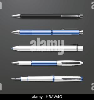 graceful blue pens set isolated on black background Stock Vector