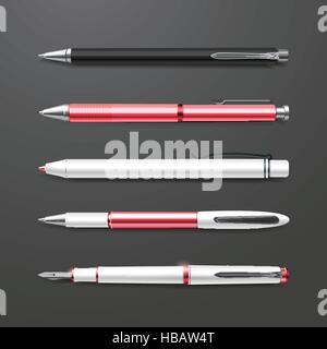 graceful red pens set isolated on black background Stock Vector