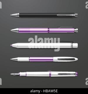 graceful purple pens set isolated on black background Stock Vector