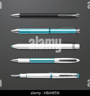graceful blue pens set isolated on black background Stock Vector