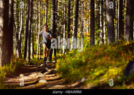 Man running in forest, Keimiotunturi, Lapland, Finland