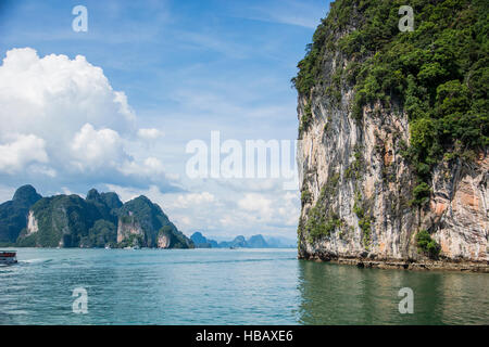 Beautiful lagoon landscape rounded with mountains in Phuket island, Thailand. Horizontal outdoors shot