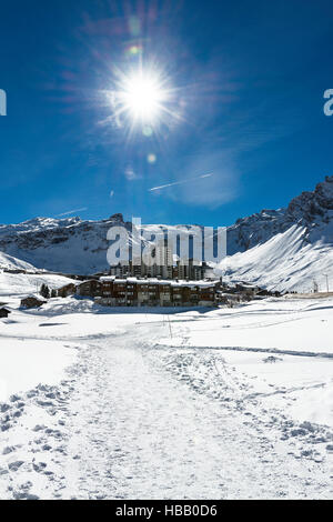 Llandscape and ski resort in French Alps,Tignes, Le Clavet, Tarentaise, France Stock Photo