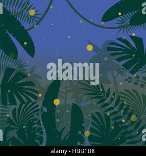 Vector image of the Jungle Flat Background at night Stock Vector