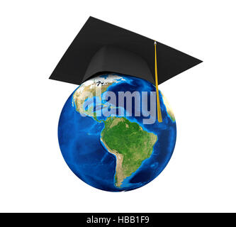 World Globe with graduate cap. Global education concept, 3D rendering ...