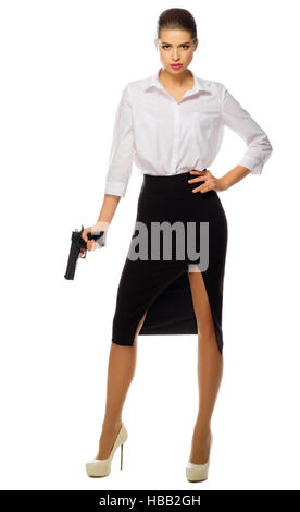 Businesswoman with gun isolated on white Stock Photo
