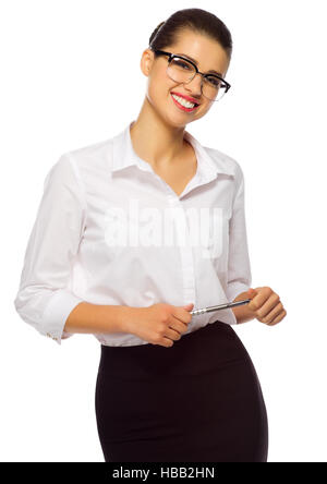 Businesswoman with pen isolated on white Stock Photo
