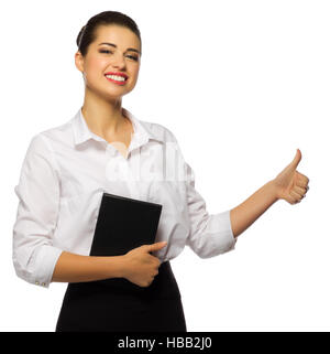 Businesswoman shows ok gesture isolated Stock Photo