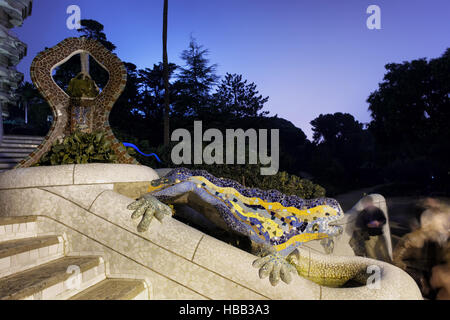 Spain, Barcelona, Park Guell at night, The Dragon Fountain, mosaic covered salamander, Gaudi design Stock Photo