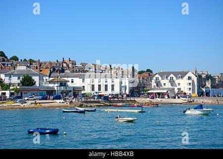 View of boats moored in the bay and the beach and town to the rear, Swanage, Dorset, England, UK, Western Europe. Stock Photo