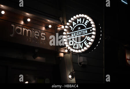 Jamie's Italian restaurant at night in Brighton owned by celebrity chef jamie Oliver Stock Photo