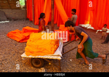 Inde, Rajasthan, Usine de Sari, manutention des balles de tissu. // India, Rajasthan, Sari Factory, transport of the textiles. Stock Photo