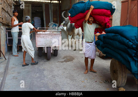 Inde, Rajasthan, Usine de Sari, manutention des balles de tissu. // India, Rajasthan, Sari Factory, transport of the textiles. Stock Photo