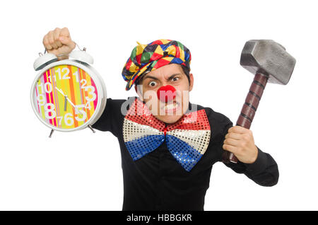 Funny clown with hammer and clock on white Stock Photo