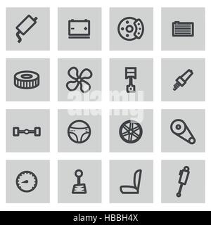 Vector line car parts icons set on grey background Stock Vector