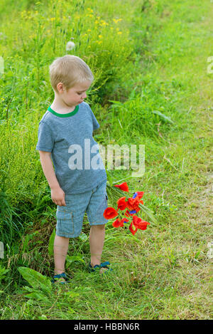 Cute boy in field with red poppies bouquet Stock Photo