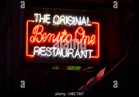 Neon sign outside The Original Benito One, an Italian restaurant on Mulberry Street in Little Italy in New York City Stock Photo