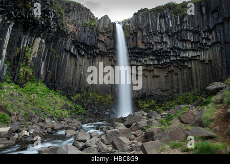 Dark  lava columns and Svartifoss waterfall Stock Photo