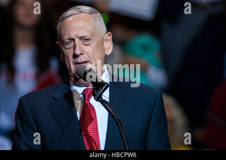 Fayetteville, North Carolina, US. 6th Dec, 2016. After being introduced as President-Elect Trump's choice for Secretary of Defense, Retired Marine Corps Gen. JAMES ''MAD DOG'' MATTIS addresses the crowd at the Crown Coliseum, part of Trump's 'Thank You' tour. © Timothy L. Hale/ZUMA Wire/Alamy Live News Stock Photo