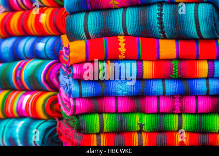 Mayan blankets textile designs on the market in Chichicastenango in Guatemala Stock Photo