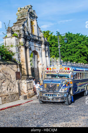 A typical Guatemalan Chicken Bus in Antigua, Guatemala on July 31, 2015. Chicken Bus It's a name for colorful, modified and decorated bus in various L Stock Photo