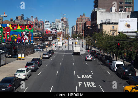 New York City multi story automated parking lots filled with cars next to the High Line Stock Photo