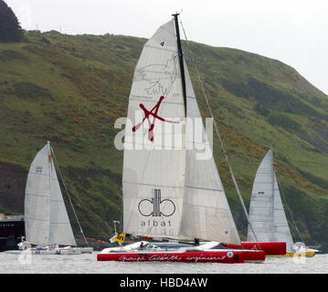 AJAXNETPHOTO. 29TH MAY, 2005. PLYMOUTH, ENGLAND. - FARADAY MILLS OSTAR 2005 - MULTIHULLS AT THE START OF TODAY'S RACE OFF PLYMOUTH. PHOTO:TONY CARNEY/ACME/AJAX REF:OSTAR04 Stock Photo